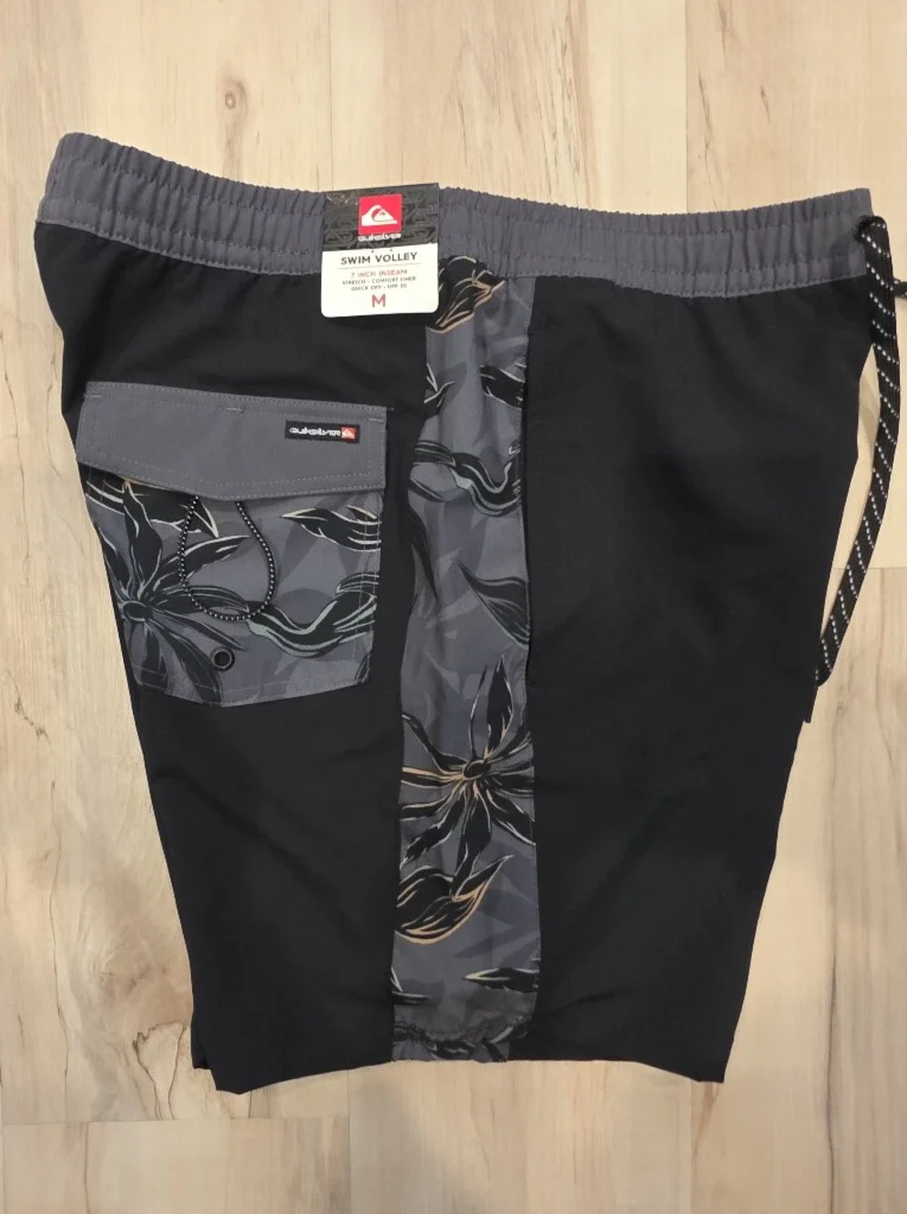 Quiksilver Black Swim Trunks with Gray Floral Side Panels